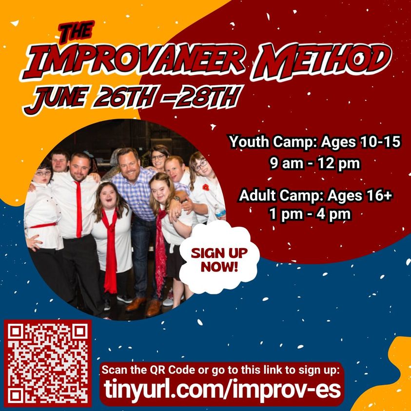 flyer with time, date information for camp and a photo of Improva-Camp participants